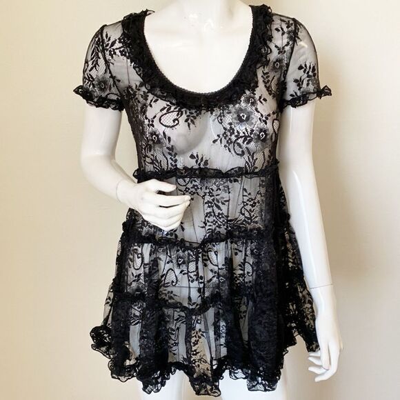 Dolls Kill Brand Widow Black Sheer Lace Short Sleeve Tiered Babydoll Mini Dress - Picture 1 of 7